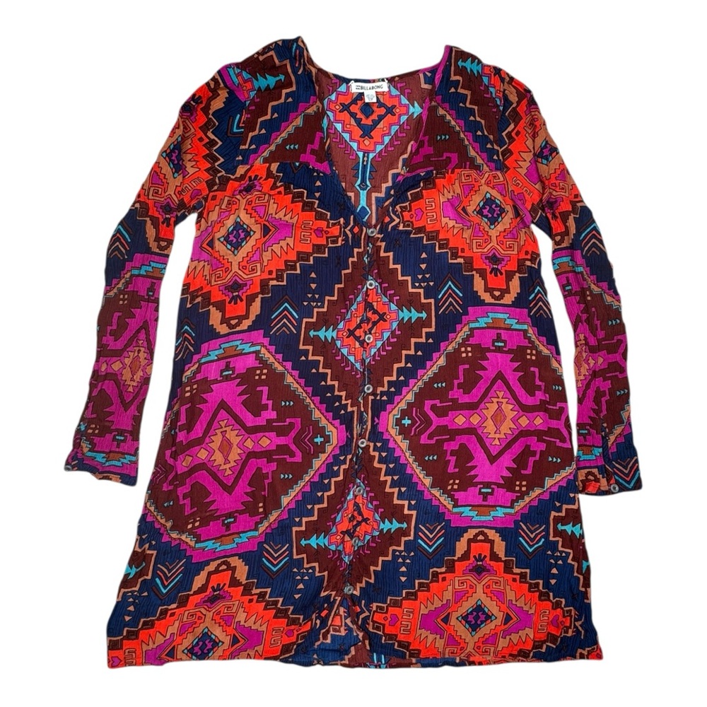 Billabong Boho Aztec Geometric Print Rayon Mini Dress Button Front Size S